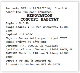 exemple annonce legale lyon sarl